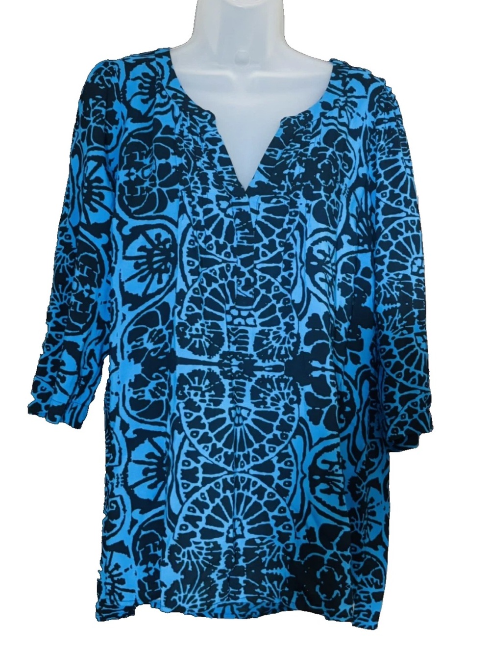 Plenty by Tracy Reese Tunic Top Women Medium Blue Black Print 3/4 Sleeve Blouse